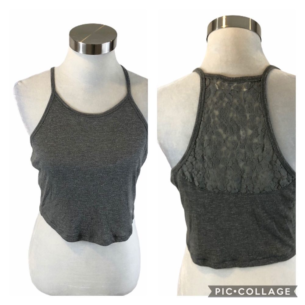 A&F Cropped Grey Tank Top With Lace Back Medium
